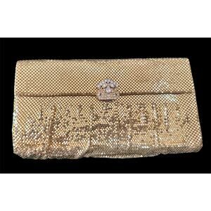 Vintage Whiting & Davis Gold Mesh Clutch Purse Rhinestone Clasp Evening Bag USA